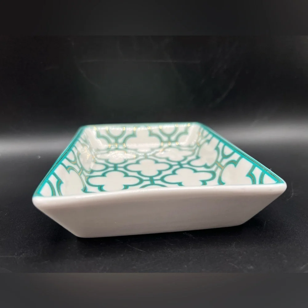 I. Godinger & Co. Trinket Jewelry Dish Tray Rectangle White W/ Teal & Gold